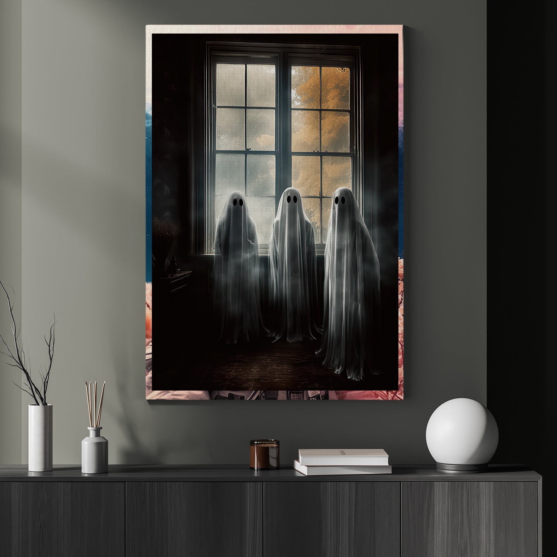 Three Ghosts On The Window Canvas Wall Art - Vintage Ghost Poster