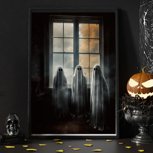 Three Ghosts On The Window Canvas Wall Art - Vintage Ghost Poster Halloween Gift Artwork Decoration For Living Room Bed Room