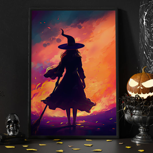 Magical Witch In Starry Night Halloween Canvas Painting, Wall Art Decor - Halloween Poster Gift