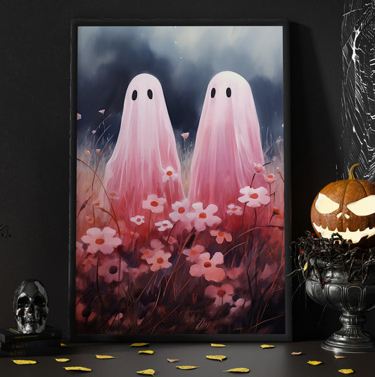 Vintage Couple Pink Ghosts In Flowers Canvas Art Print - Dark Surreal Boo Ghost Halloween Wall Decor