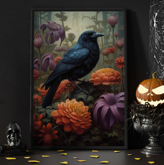 The Black Raven On Flowers Gothic Canvas Wall Art - Vintage Bird Poster Gift Artwork Decoration For Living Room Bed Room