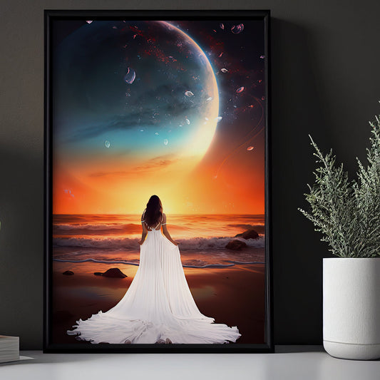 Beautiful Woman In White Dress Mythical Canvas Painting, Wall Art Decor - Mysterious Princess Under Magical Moon Poster Gift