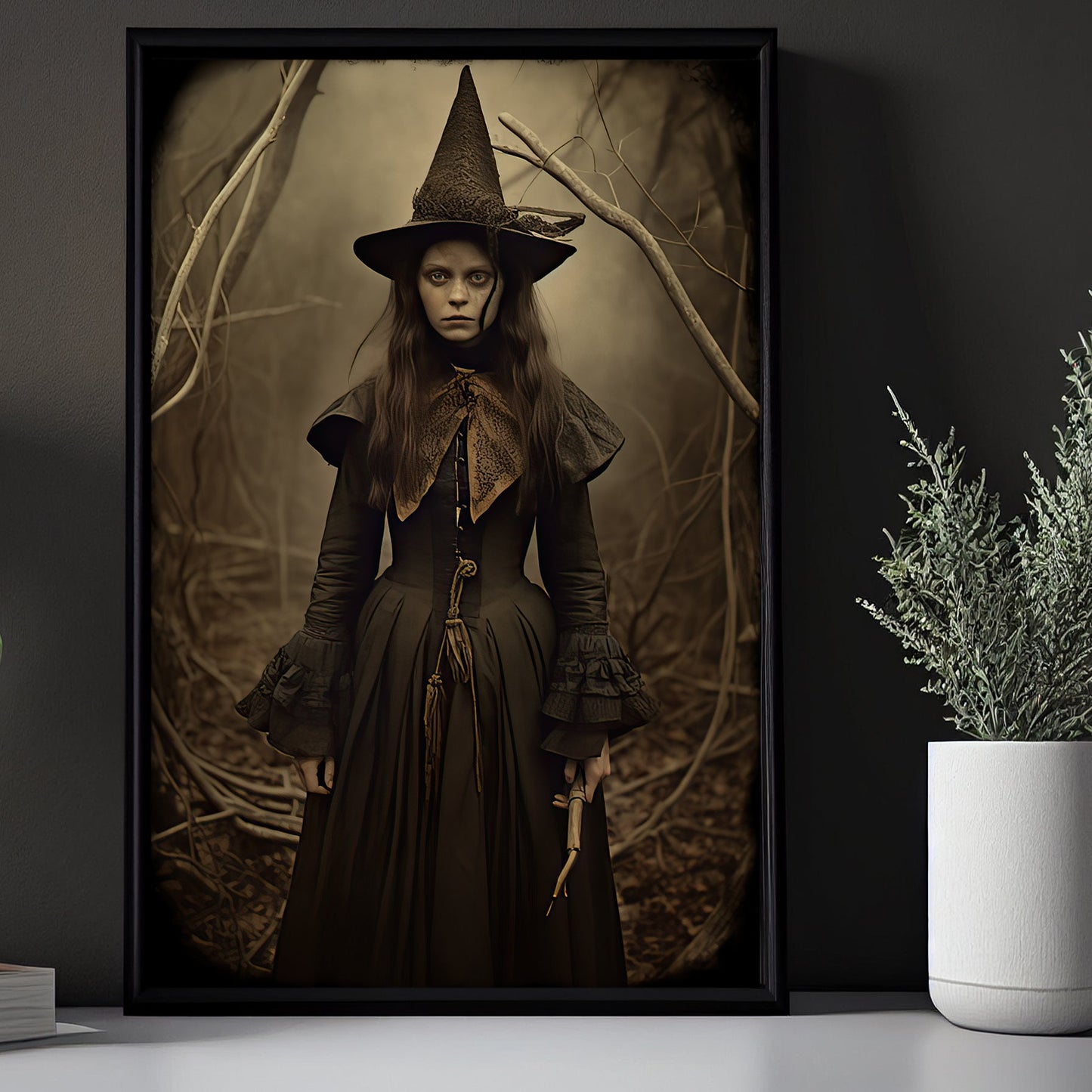 Classic Young Witch Portrait Vintage Gothic Halloween Canvas Painting, Wall Art Decor - Dark Academia Mythical Witch Halloween Poster Print