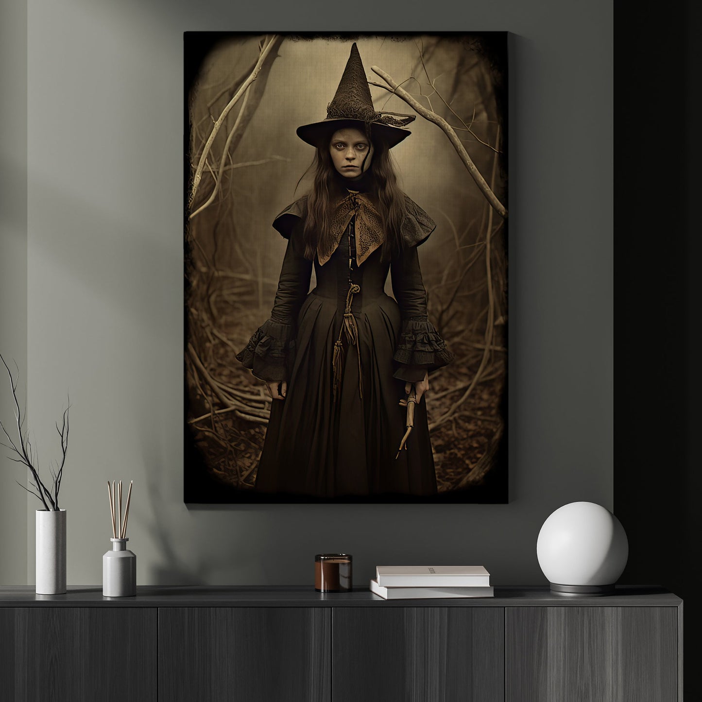 Classic Young Witch Portrait Vintage Gothic Halloween Canvas Painting, Wall Art Decor - Dark Academia Mythical Witch Halloween Poster Print