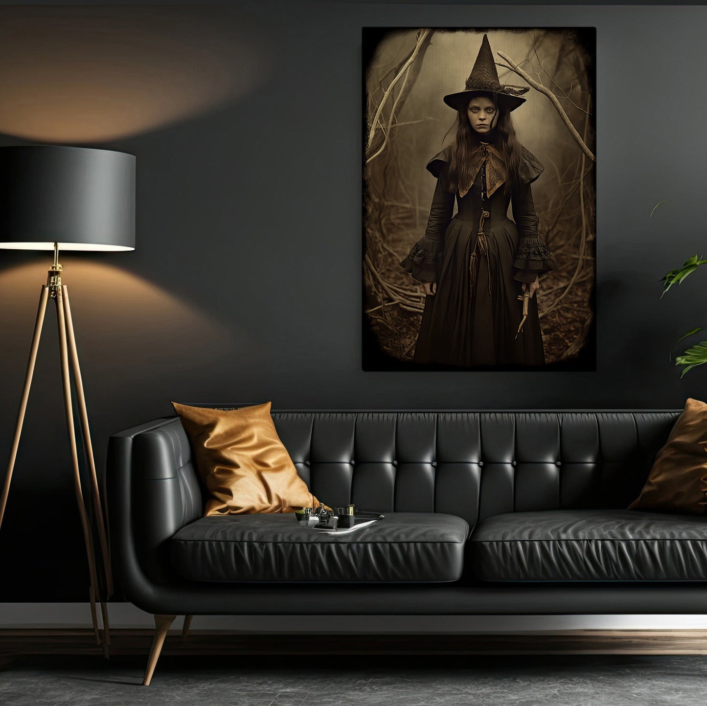 Classic Young Witch Portrait Vintage Gothic Halloween Canvas Painting, Wall Art Decor - Dark Academia Mythical Witch Halloween Poster Print