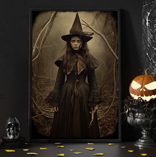 Classic Young Witch Portrait Vintage Gothic Halloween Canvas Painting, Wall Art Decor - Dark Academia Mythical Witch Halloween Poster Print