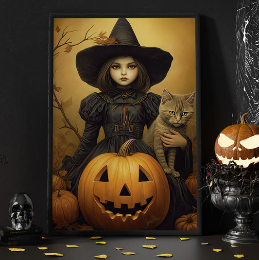 Classic Witchy Kids bringing Cats Portrait Vintage Gothic Halloween Canvas Painting, Wall Art Decor - Dark Academia Mythical Witch Halloween Poster Print