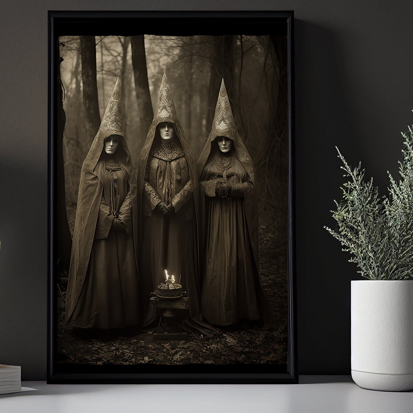 Classic Three Witch In Dark Forest Vintage Gothic Halloween Canvas Painting, Wall Art Decor - Dark Academia Mythical Witchy Halloween Poster Print