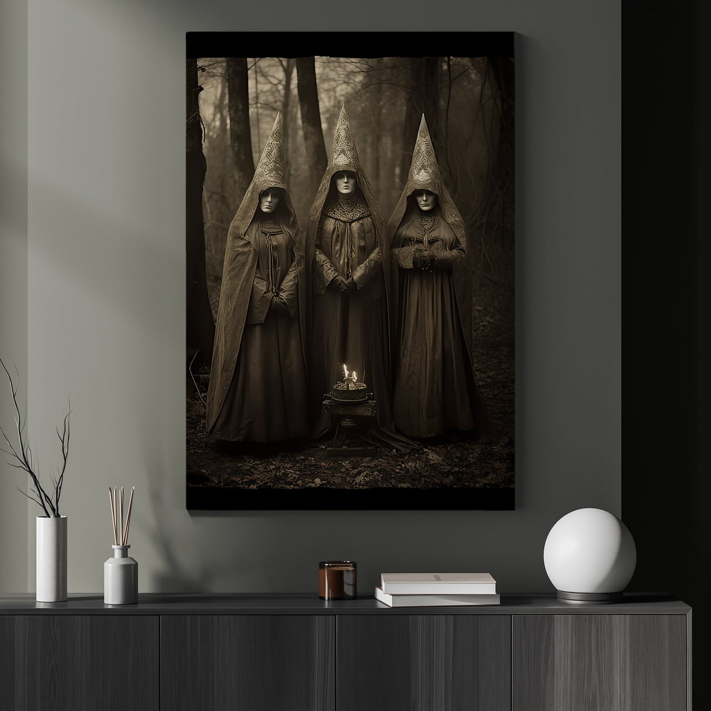 Classic Three Witch In Dark Forest Vintage Gothic Halloween Canvas Painting, Wall Art Decor - Dark Academia Mythical Witchy Halloween Poster Print