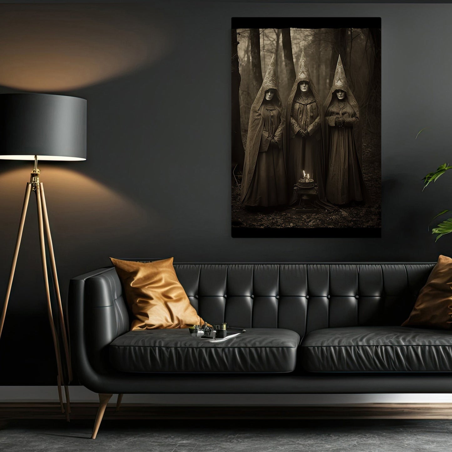 Classic Three Witch In Dark Forest Vintage Gothic Halloween Canvas Painting, Wall Art Decor - Dark Academia Mythical Witchy Halloween Poster Print