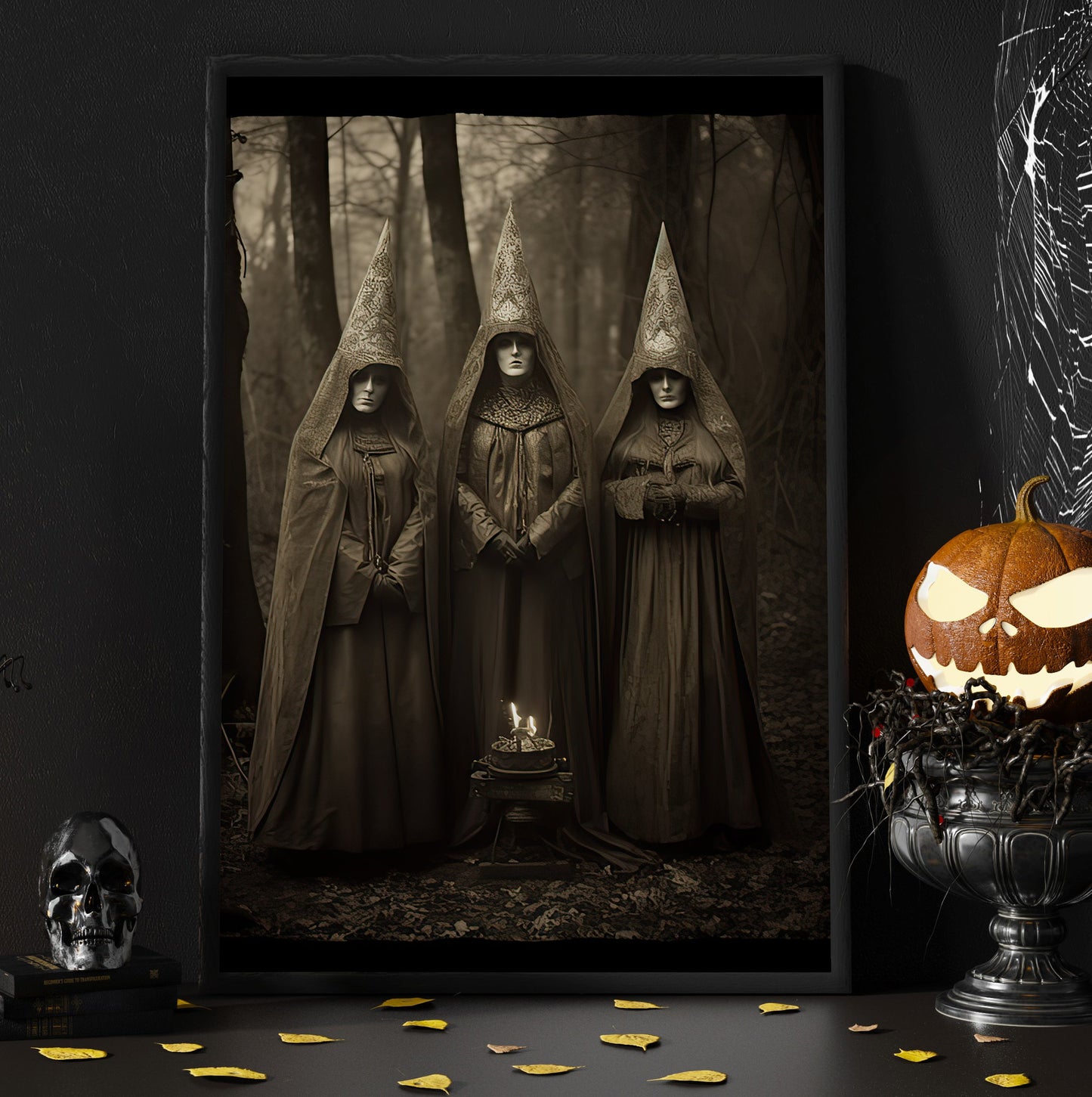 Classic Three Witch In Dark Forest Vintage Gothic Halloween Canvas Painting, Wall Art Decor - Dark Academia Mythical Witchy Halloween Poster Print