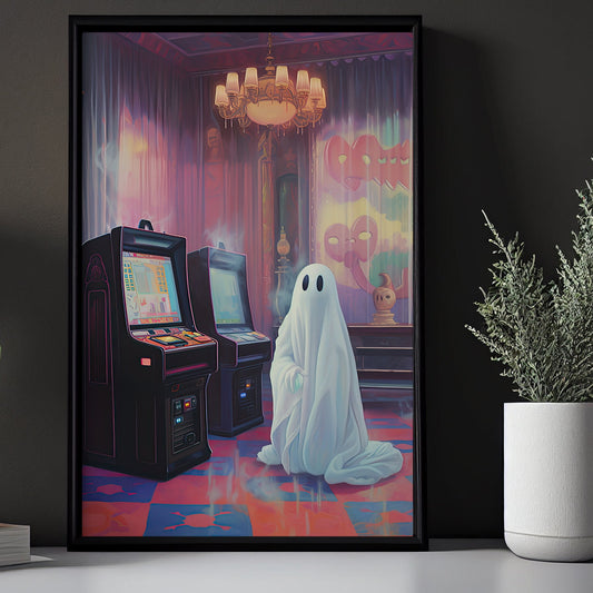 Vintage Cute Pink Ghosts In Game Area Halloween Canvas Painting, Wall Art Decor - Dark Surreal Boo Ghost Halloween Poster Print