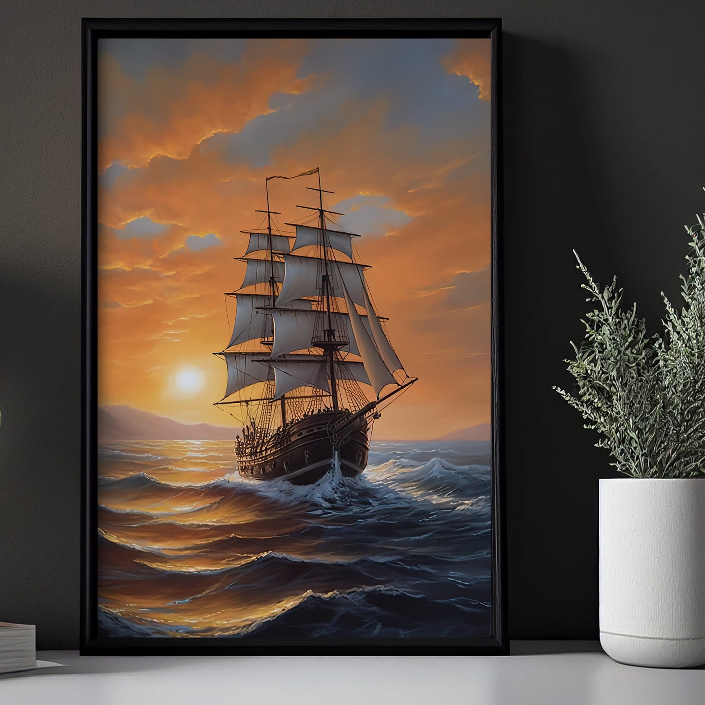 Sailing Boat Quietly On The Sea At Sunset Canvas Painting, Wall Art Decor - Poster Gift For Decorating Your Home