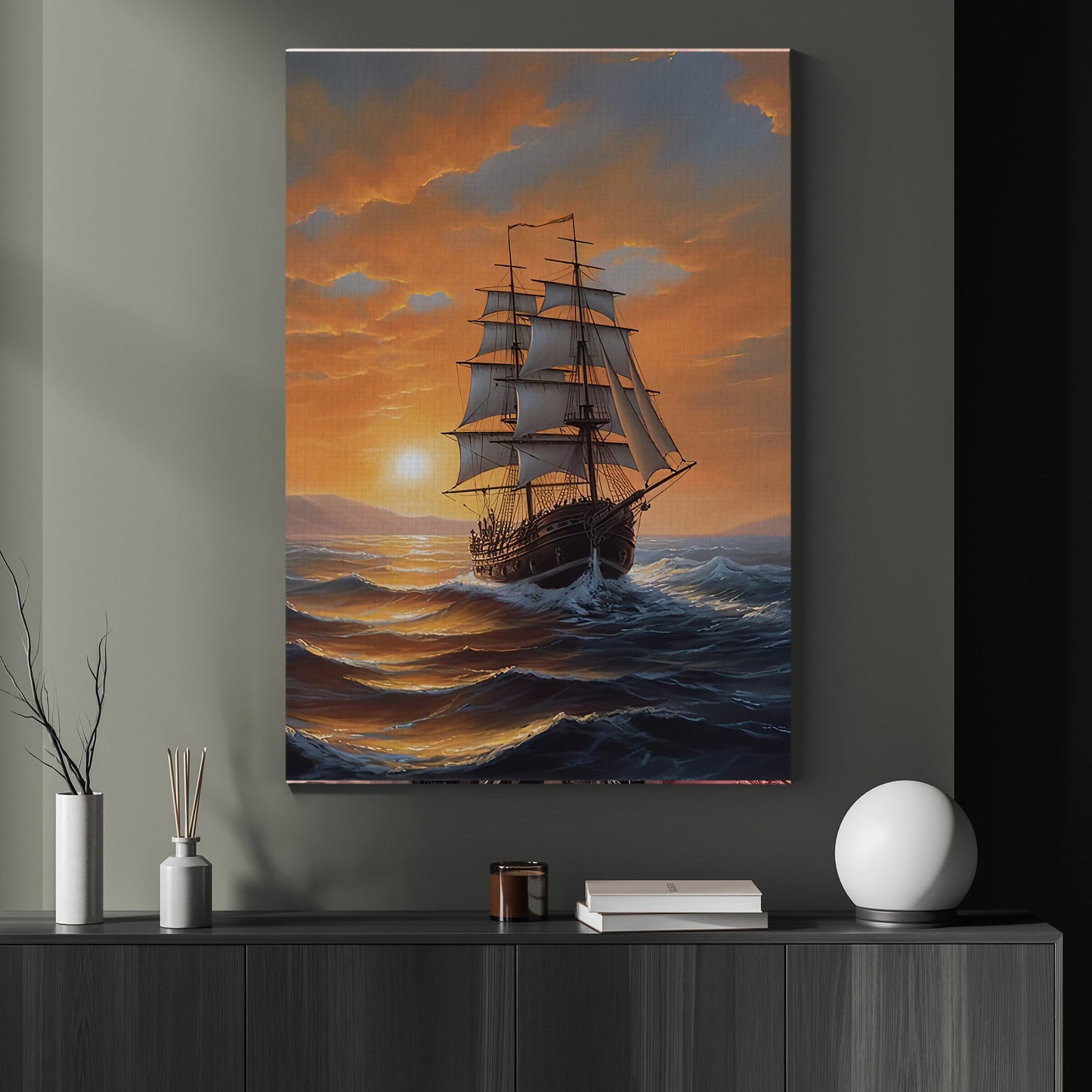 Sailing Boat Quietly On The Sea At Sunset Canvas Painting, Wall Art Decor - Poster Gift For Decorating Your Home