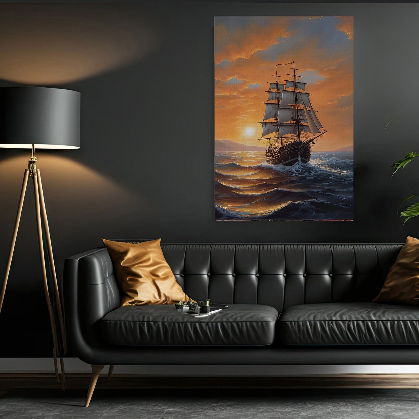 Sailing Boat Quietly On The Sea At Sunset Canvas Painting, Wall Art Decor - Poster Gift For Decorating Your Home