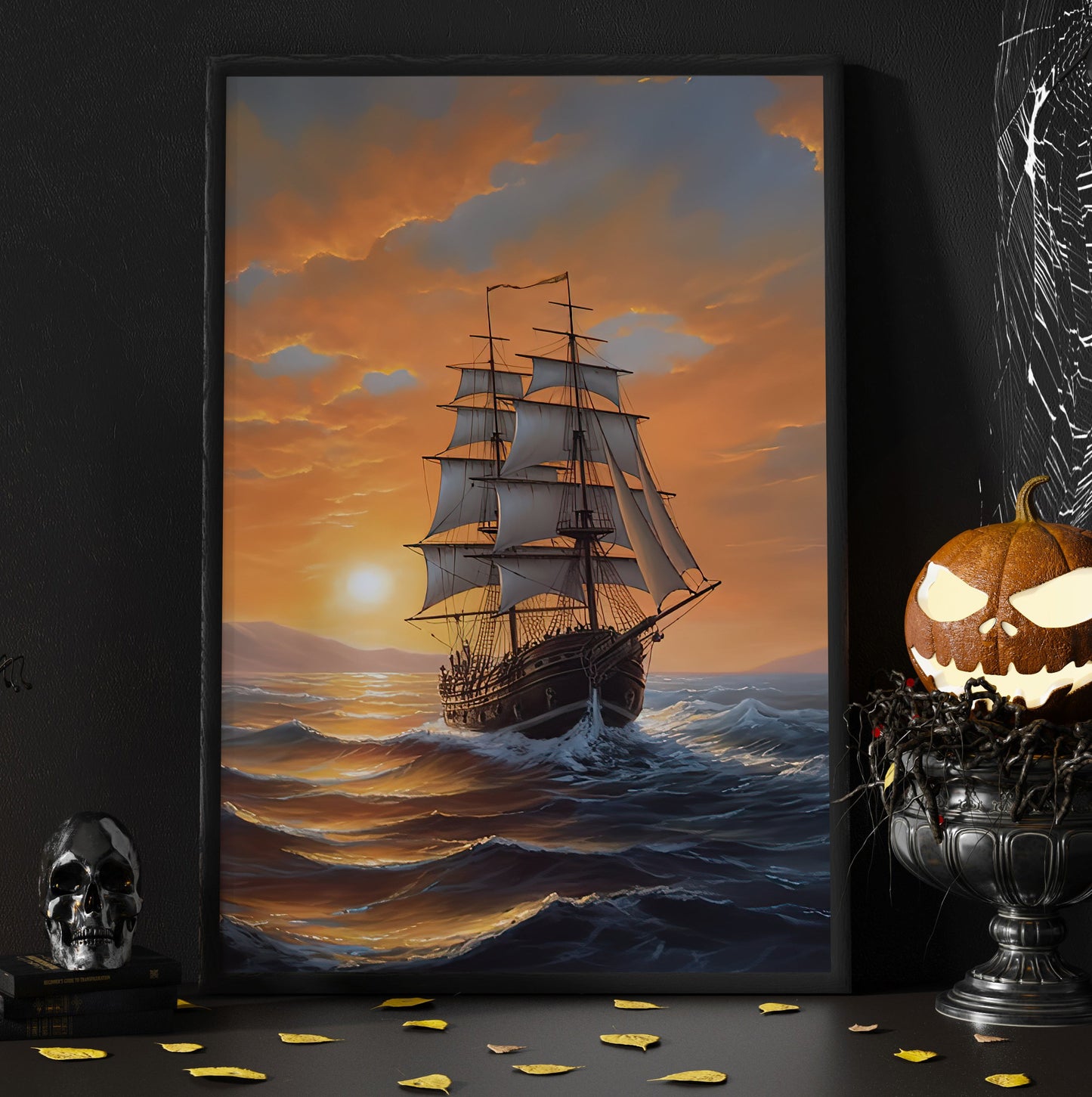 Sailing Boat Quietly On The Sea At Sunset Canvas Painting, Wall Art Decor - Poster Gift For Decorating Your Home