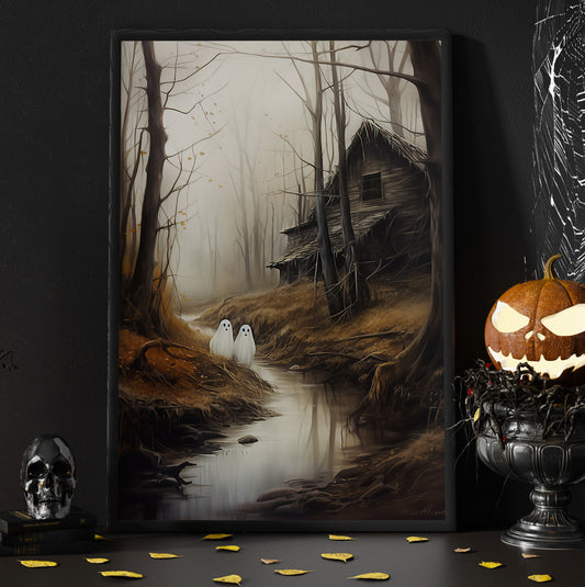 Cute Couple Ghosts In The River Halloween Canvas Painting, Wall Art Decor - Dark Ghost Halloween Poster Gift