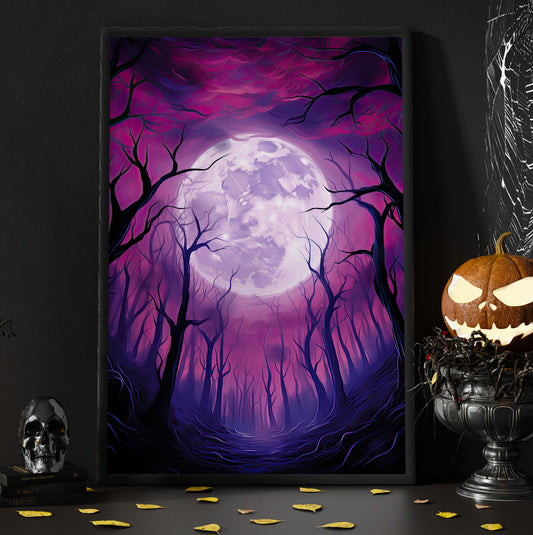 Halloween Huge Full Moon Purple Sky Painting Canvas Wall Art - Landscape Poster Gift Artwork Decoration For Living Room Bed Room