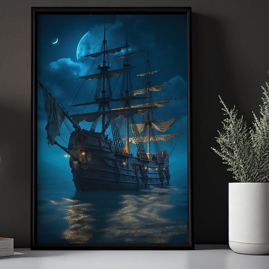 Pirate Ship In Moon Light Ocean Canvas Painting, Wall Art Decor - Ancient Ship Poster Gift