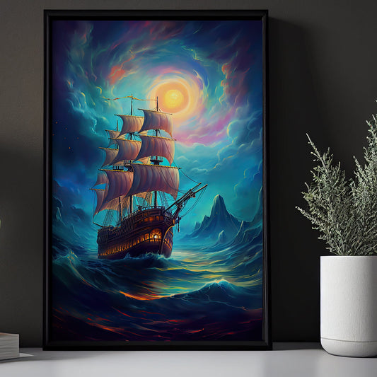 Pirate Ship In Mythical Ocean Canvas Painting, Wall Art Decor - Enchanted Ancient Ship Poster Gift