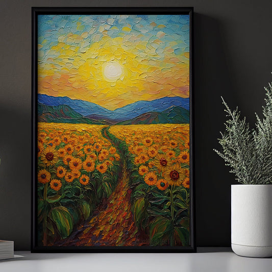 Sunflower Field At Sunset Canvas Painting, Wall Art Decor - Vintage Sunflowers Poster Gift