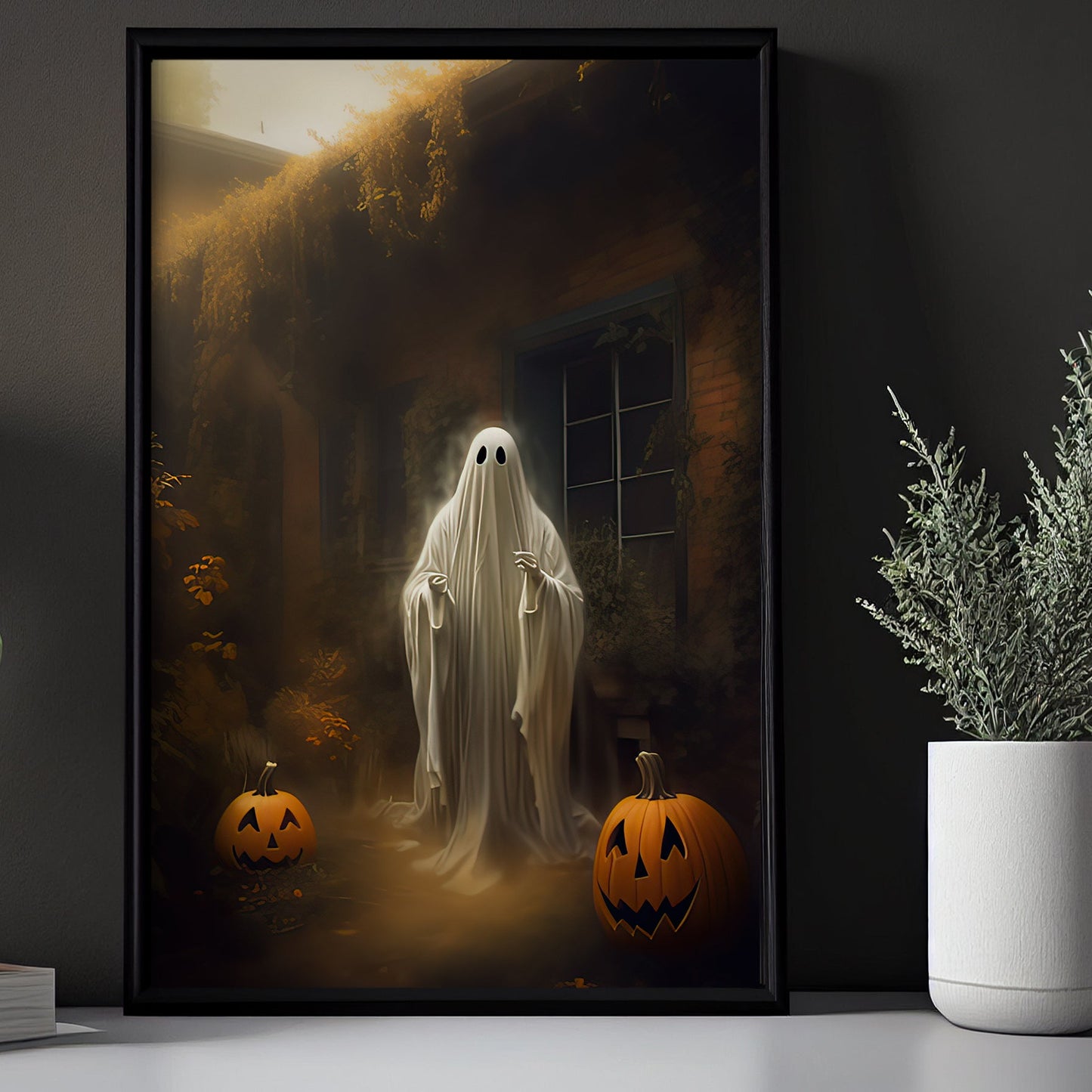 Vintage Ghosts In Countryside Halloween Canvas Painting, Wall Art Decor - Dark Surreal Cottage Ghost Halloween Poster Print