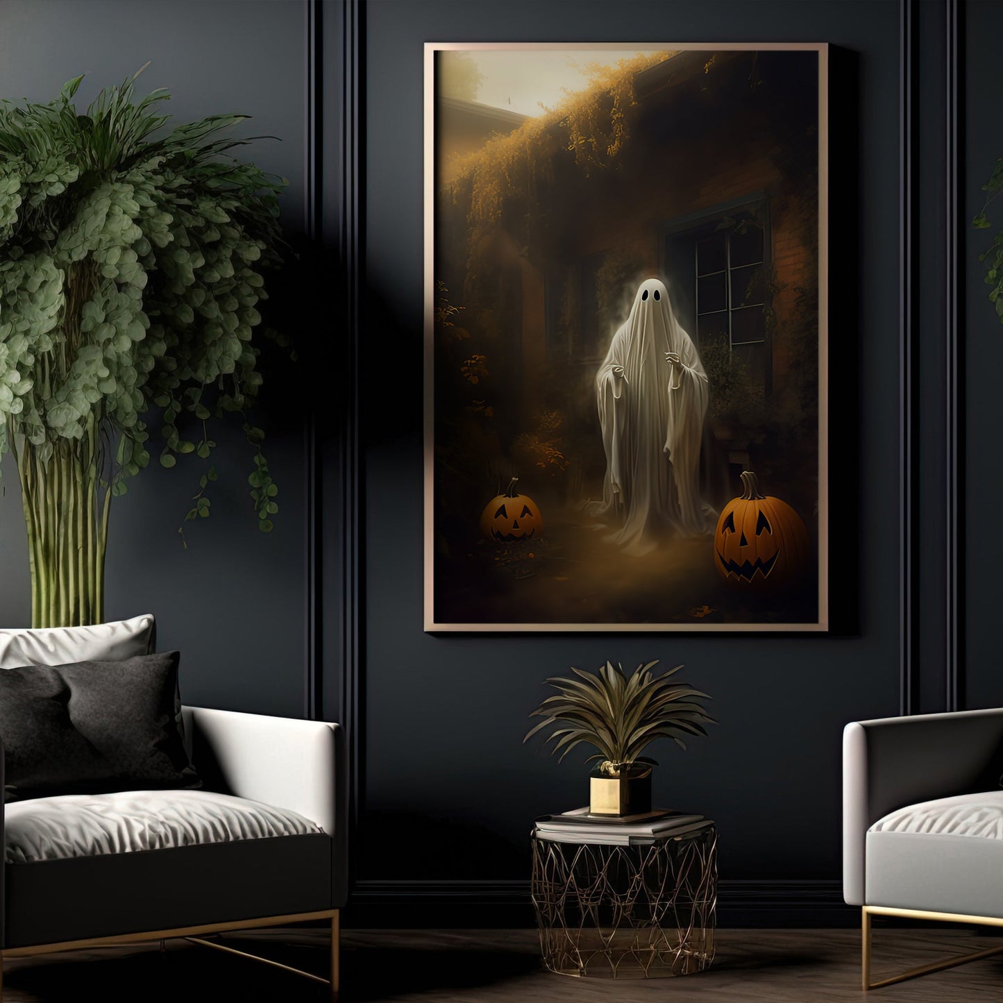 Vintage Ghosts In Countryside Halloween Canvas Painting, Wall Art Decor - Dark Surreal Cottage Ghost Halloween Poster Print