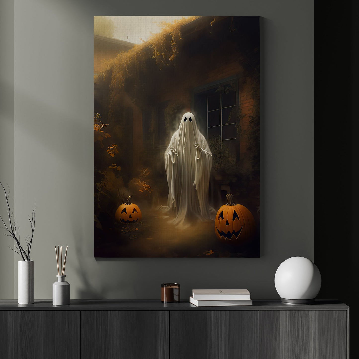 Vintage Ghosts In Countryside Halloween Canvas Painting, Wall Art Decor - Dark Surreal Cottage Ghost Halloween Poster Print