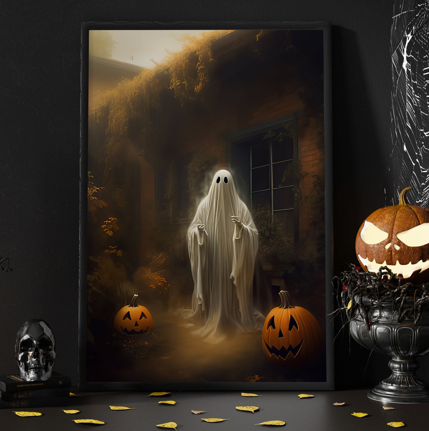 Vintage Ghosts In Countryside Halloween Canvas Painting, Wall Art Decor - Dark Surreal Cottage Ghost Halloween Poster Print