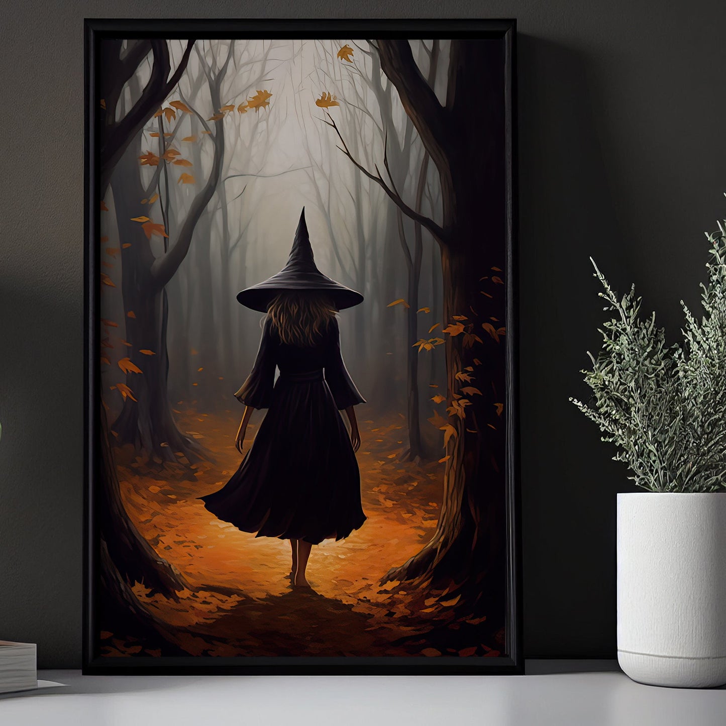 Vintage Young Witch Walking On The Path In Forest Gothic Halloween Canvas Painting, Wall Art Decor - Dark Academia Mythical Witch Halloween Poster Print