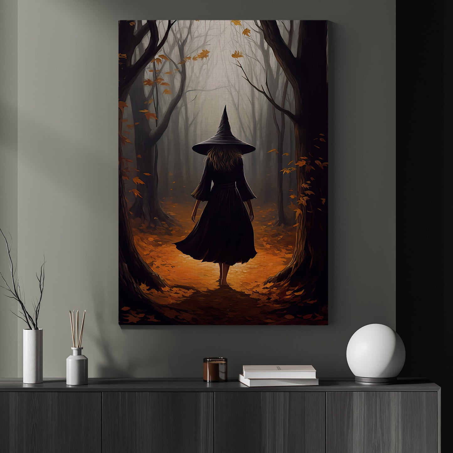 Vintage Young Witch Walking On The Path In Forest Gothic Halloween Canvas Painting, Wall Art Decor - Dark Academia Mythical Witch Halloween Poster Print