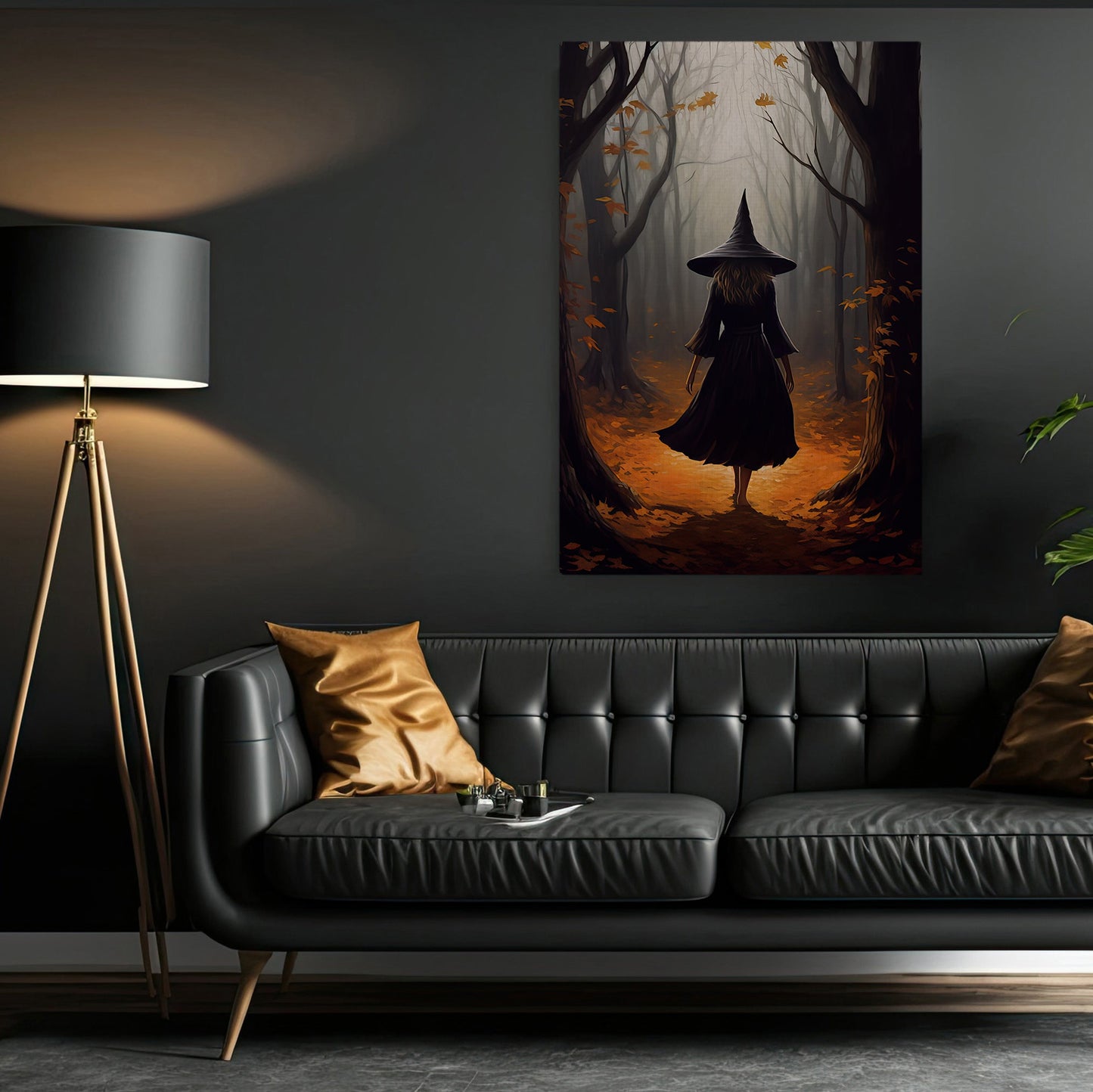 Vintage Young Witch Walking On The Path In Forest Gothic Halloween Canvas Painting, Wall Art Decor - Dark Academia Mythical Witch Halloween Poster Print