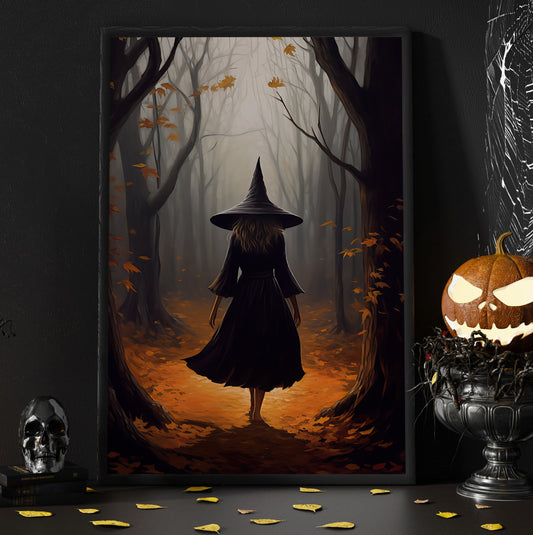 Vintage Young Witch Walking On The Path In Forest Gothic Halloween Canvas Painting, Wall Art Decor - Dark Academia Mythical Witch Halloween Poster Print