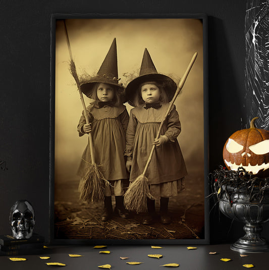 Classic Two Witchy Kids Vintage Gothic Halloween Canvas Painting, Wall Art Decor - Dark Academia Mythical Witchy Halloween Poster Print