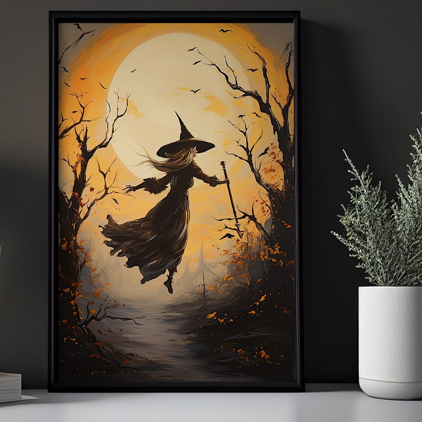 Witch Fly Into The Moon Light Vintage Gothic Halloween Canvas Painting, Wall Art Decor - Dark Surreal Mythical Witch Halloween Poster Gift