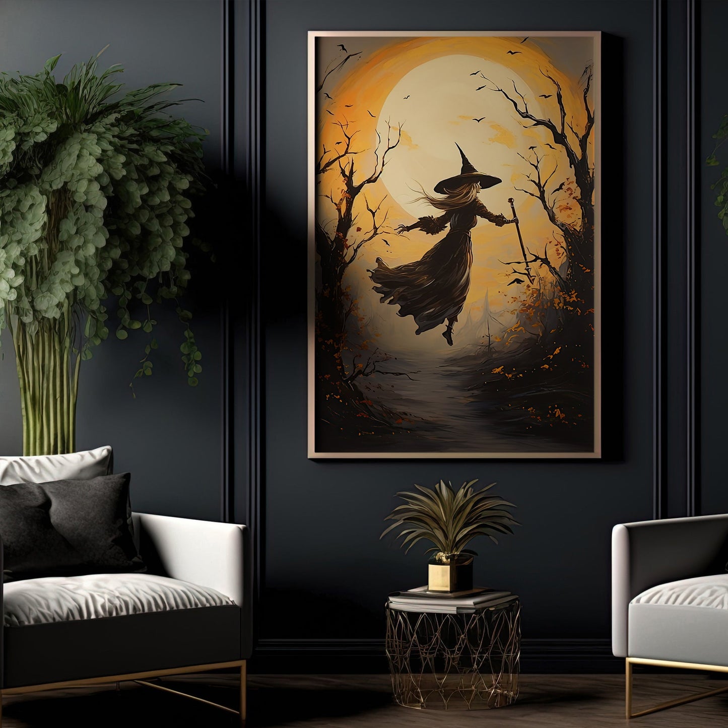 Witch Fly Into The Moon Light Vintage Gothic Halloween Canvas Painting, Wall Art Decor - Dark Surreal Mythical Witch Halloween Poster Gift