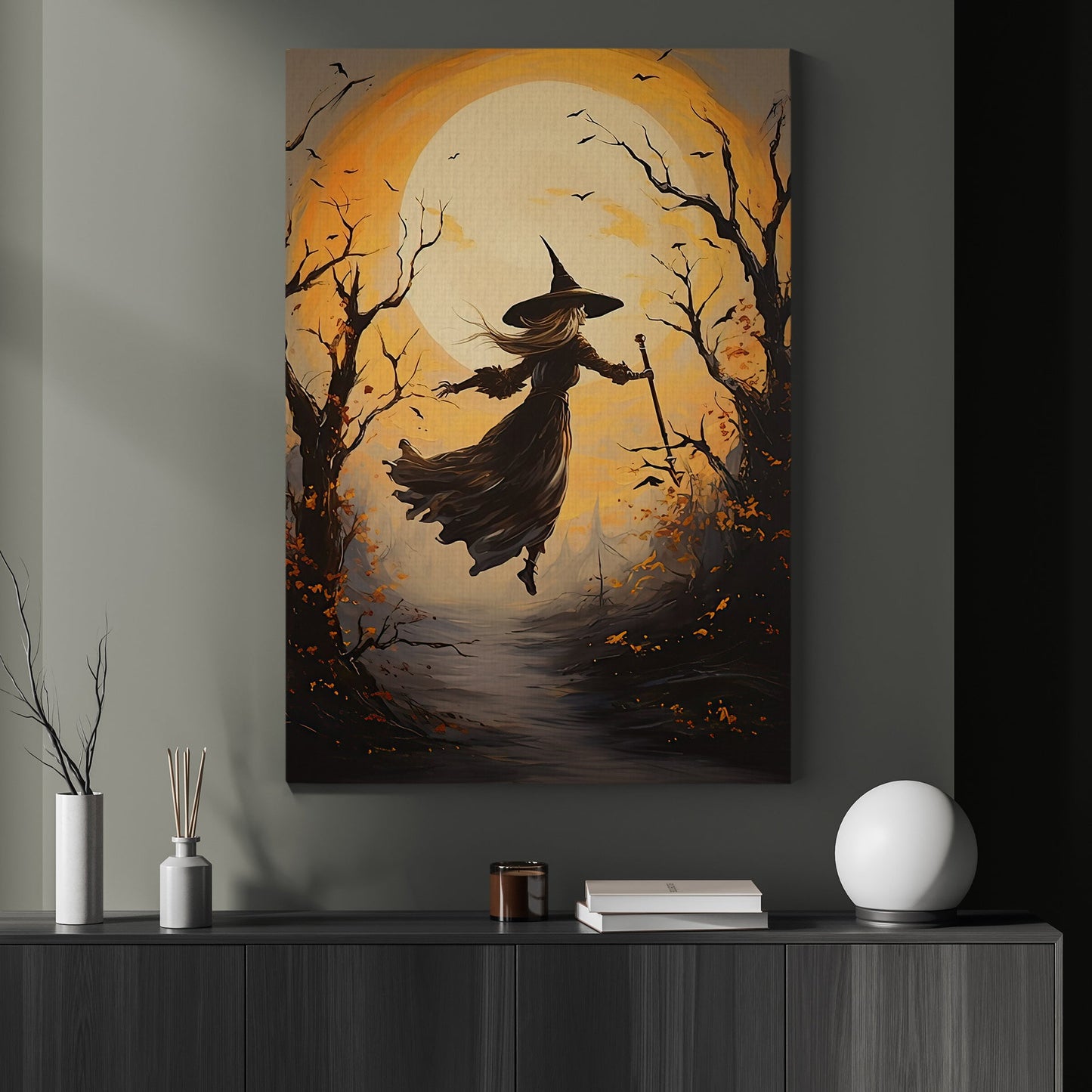 Witch Fly Into The Moon Light Vintage Gothic Halloween Canvas Painting, Wall Art Decor - Dark Surreal Mythical Witch Halloween Poster Gift