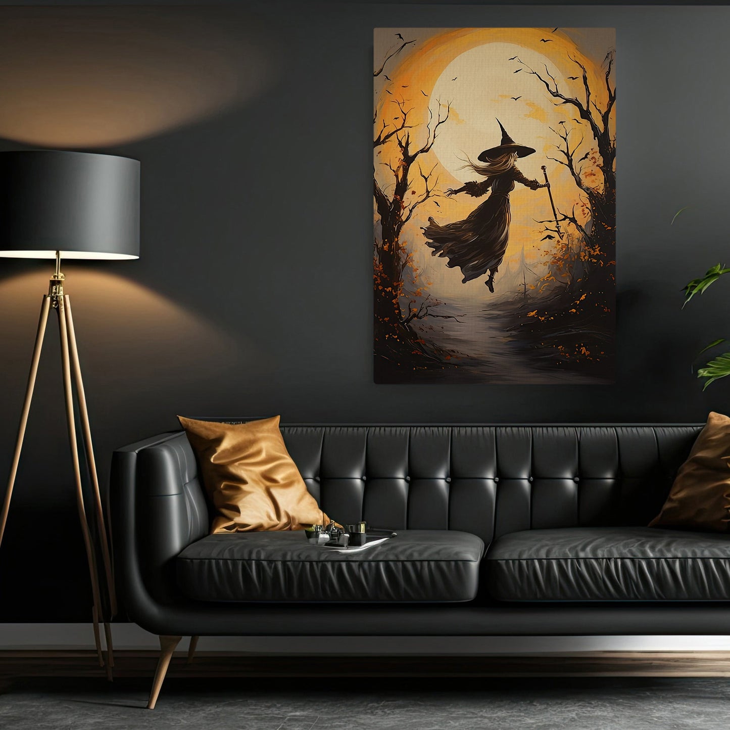 Witch Fly Into The Moon Light Vintage Gothic Halloween Canvas Painting, Wall Art Decor - Dark Surreal Mythical Witch Halloween Poster Gift