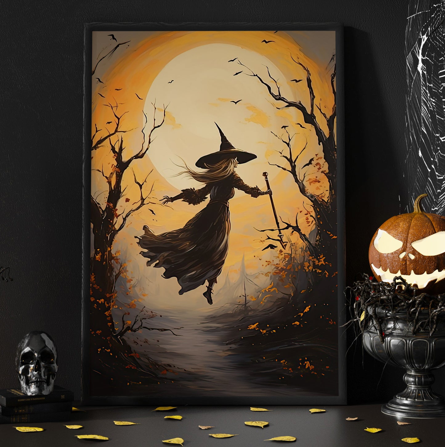 Witch Fly Into The Moon Light Vintage Gothic Halloween Canvas Painting, Wall Art Decor - Dark Surreal Mythical Witch Halloween Poster Gift