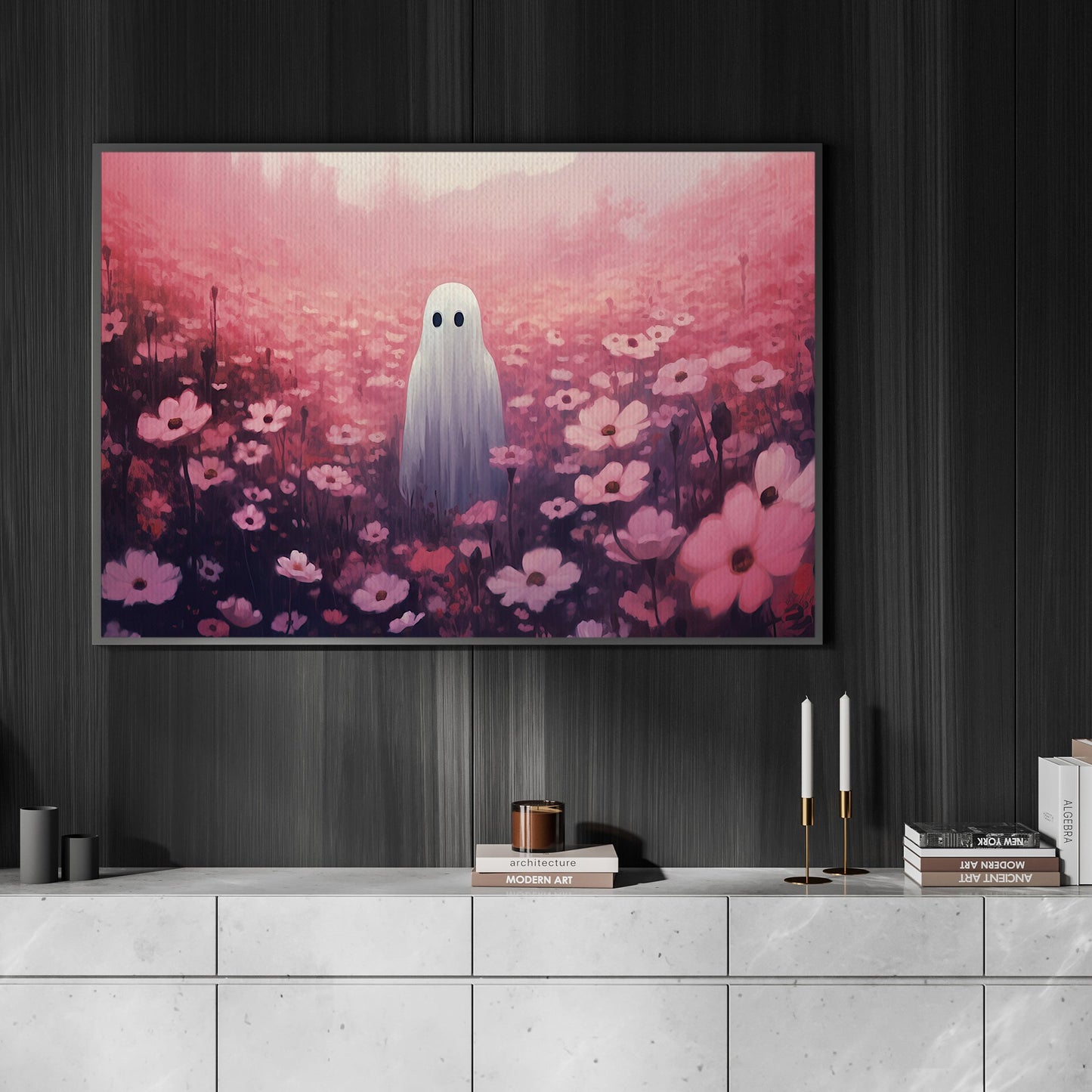 Vintage Ghosts In Pink Flowers Canvas Art Print - Dark Surreal Boo Ghost Halloween Print