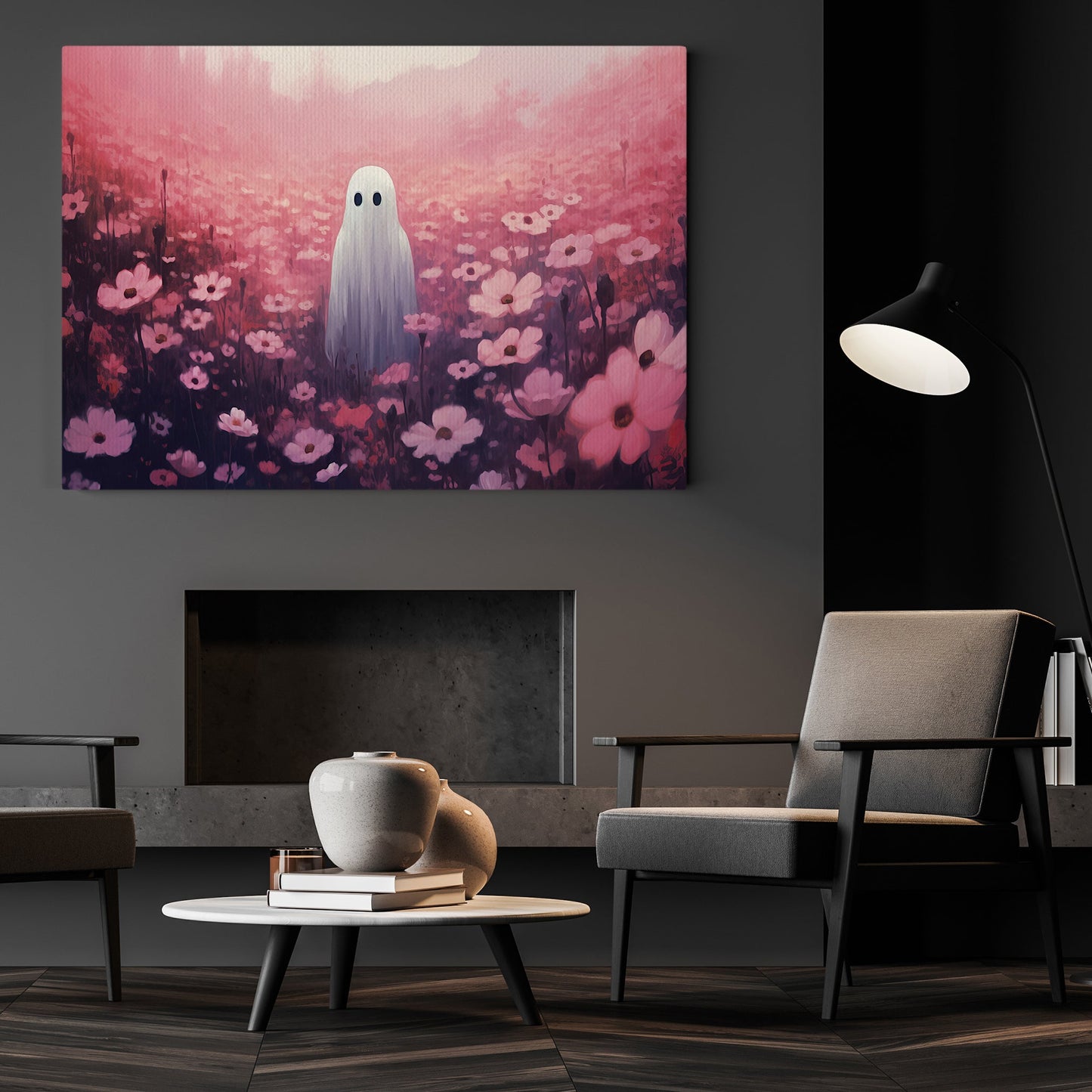 Vintage Ghosts In Pink Flowers Canvas Art Print - Dark Surreal Boo Ghost Halloween Print