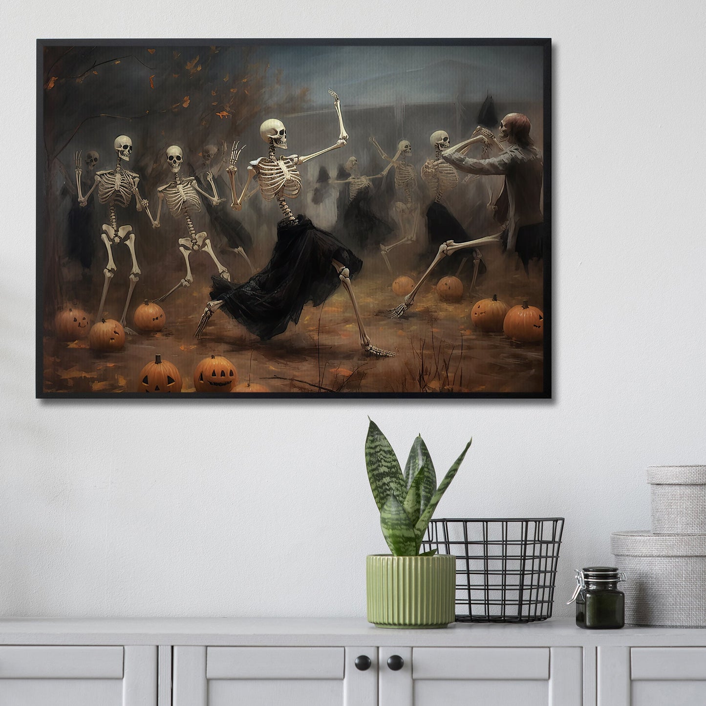 Vintage Skulls Dancing In Halloween Night Canvas Art Print - Dark Surreal Ghost Halloween Print