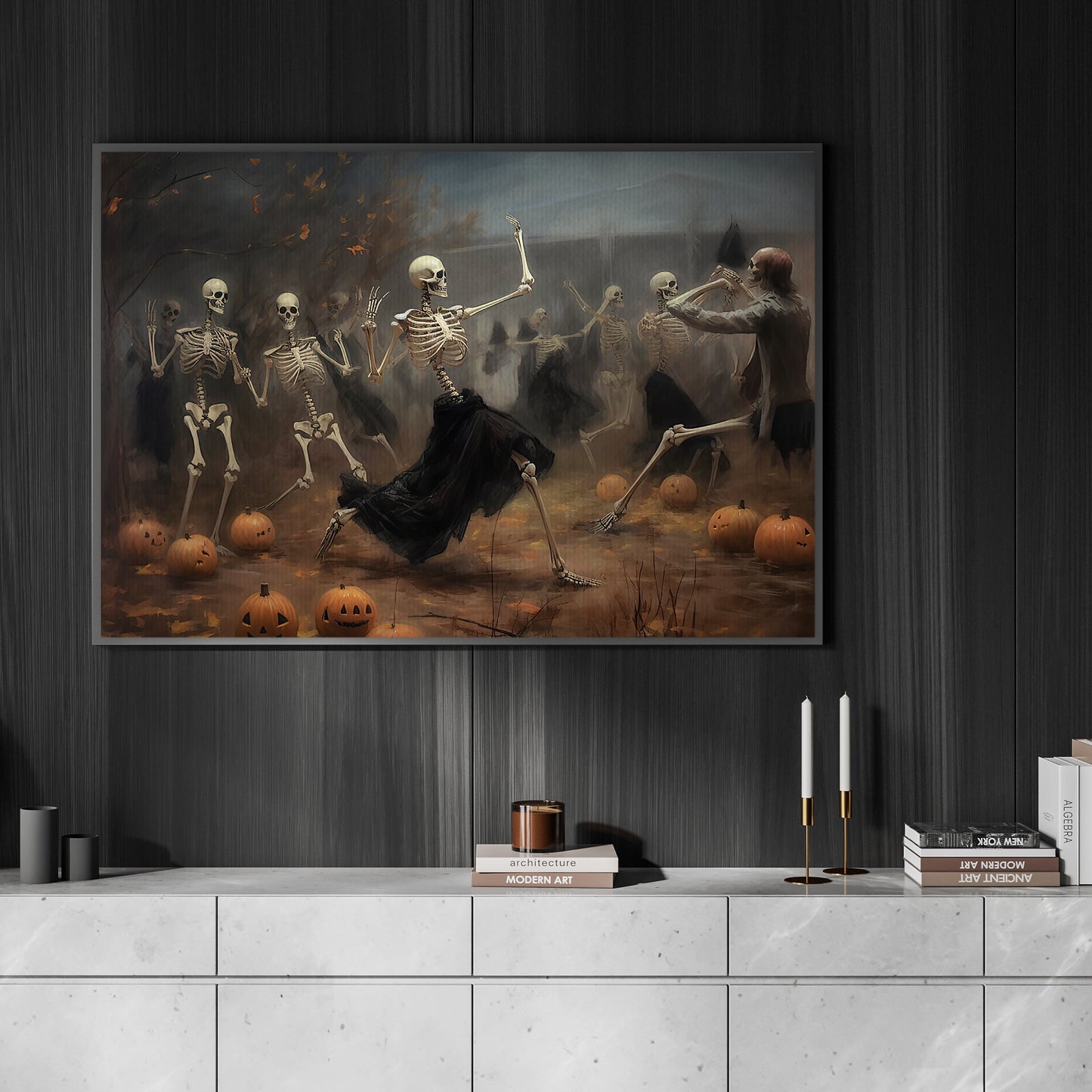 Vintage Skulls Dancing In Halloween Night Canvas Art Print - Dark Surreal Ghost Halloween Print