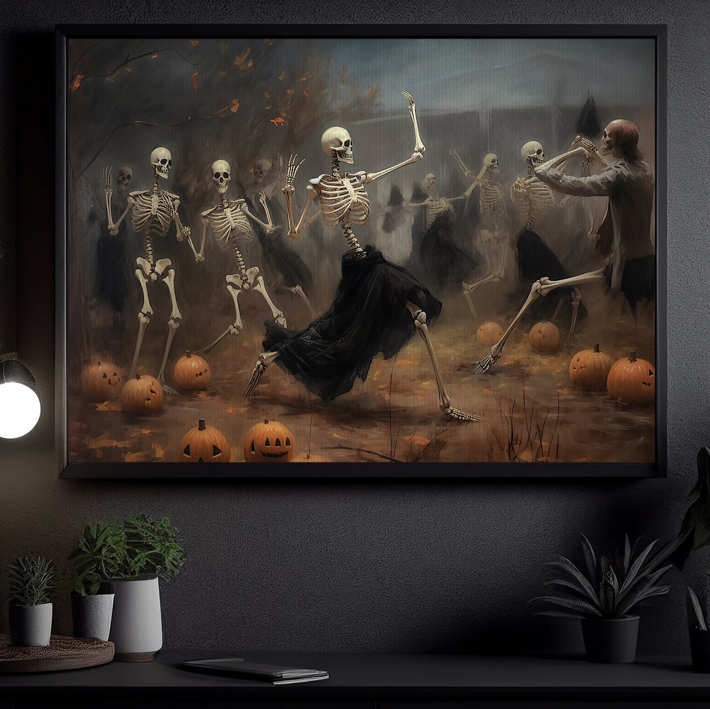 Vintage Skulls Dancing In Halloween Night Canvas Art Print - Dark Surreal Ghost Halloween Print