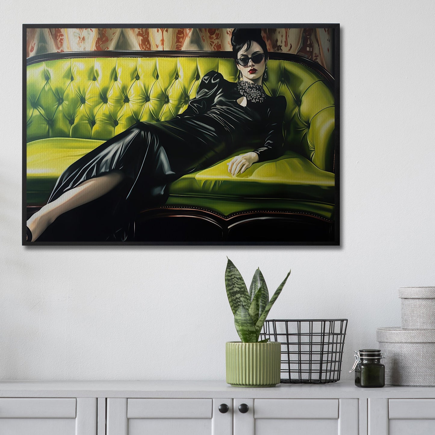 Mysterious And Cool Girl With Dark Glasses Reclining Sofa Canvas Art Print - Poster Gift For Decorating Your Home