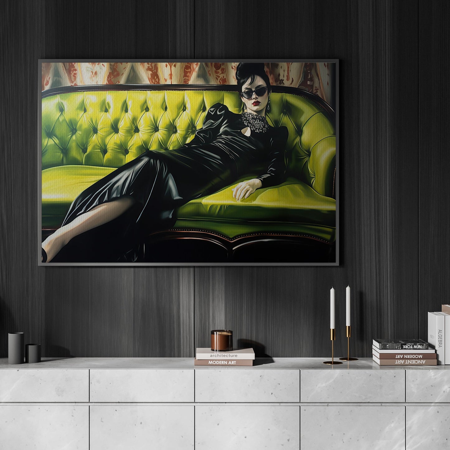 Mysterious And Cool Girl With Dark Glasses Reclining Sofa Canvas Art Print - Poster Gift For Decorating Your Home