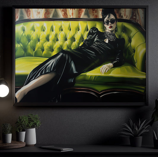 Mysterious And Cool Girl With Dark Glasses Reclining Sofa Canvas Art Print - Poster Gift For Decorating Your Home