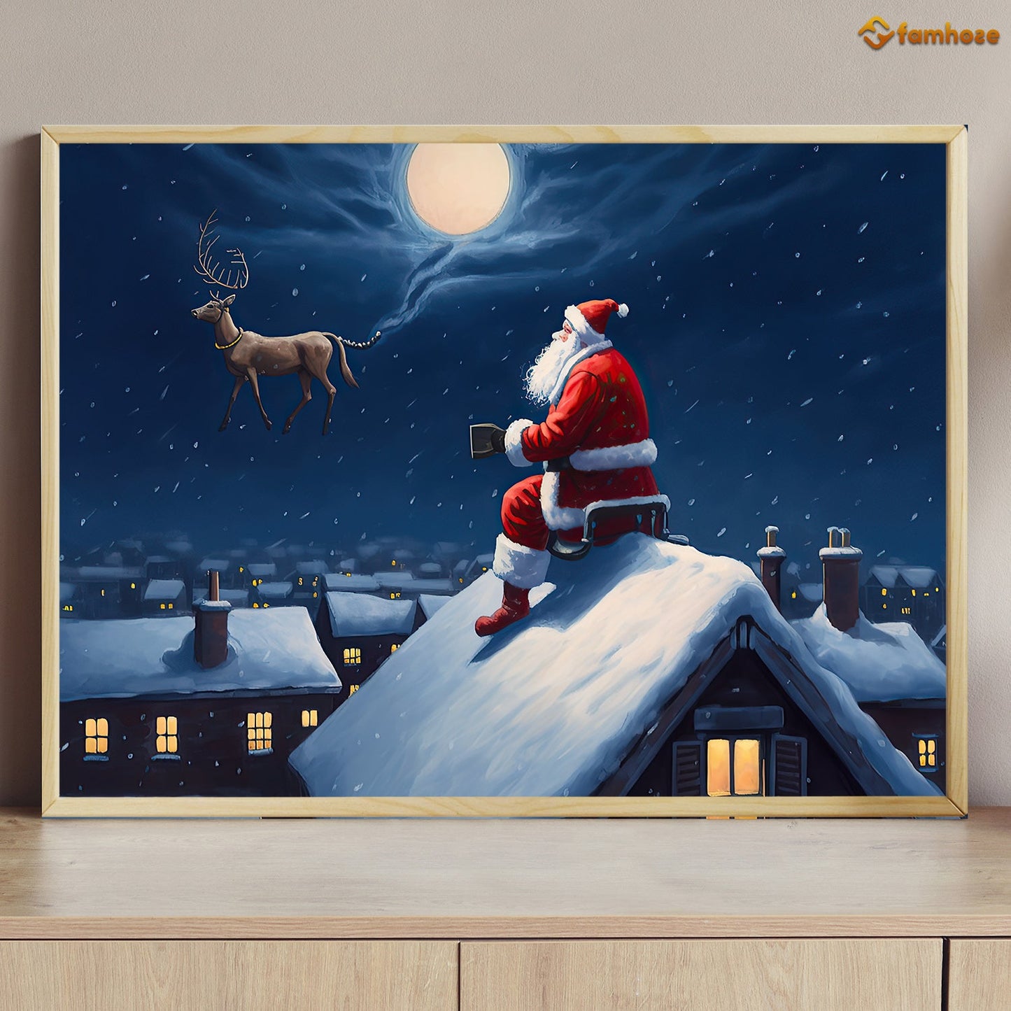 Santa's Enchanted Encounter on a Snowy Rooftop Christmas Canvas Painting, Xmas Wall Art Decor - Christmas Poster Gift