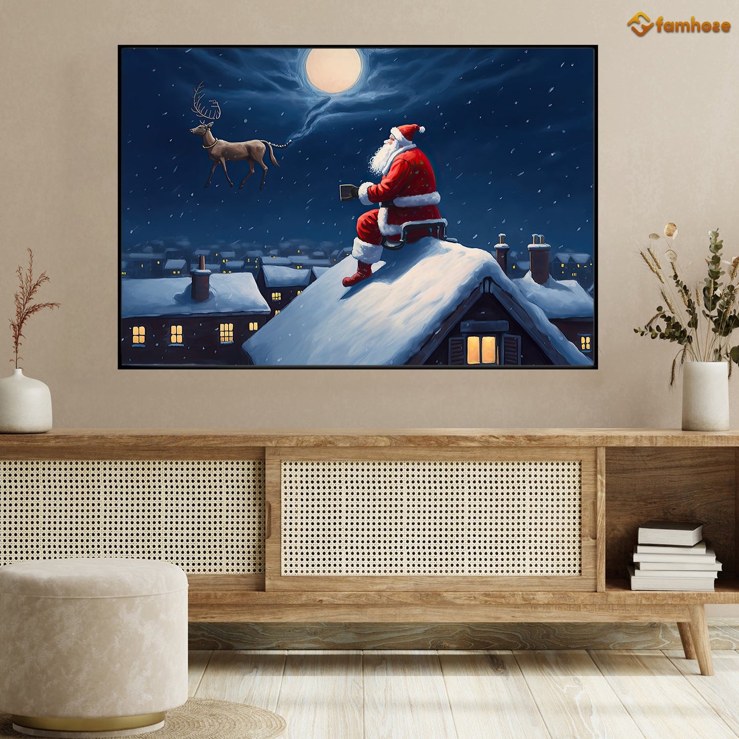 Santa's Enchanted Encounter on a Snowy Rooftop Christmas Canvas Painting, Xmas Wall Art Decor - Christmas Poster Gift