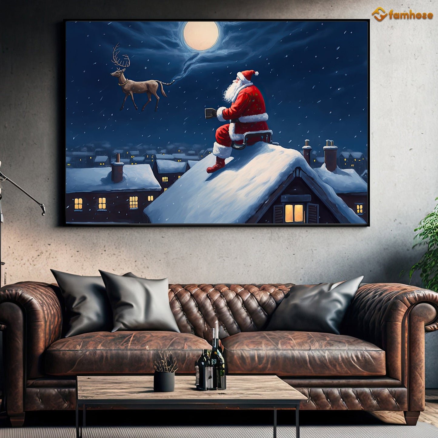 Santa's Enchanted Encounter on a Snowy Rooftop Christmas Canvas Painting, Xmas Wall Art Decor - Christmas Poster Gift